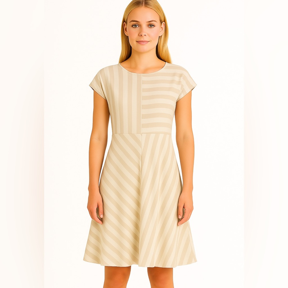 No Less Than Beige Stripe Midi Dress M Vacation Ready Quiet Luxury Scandi Girl